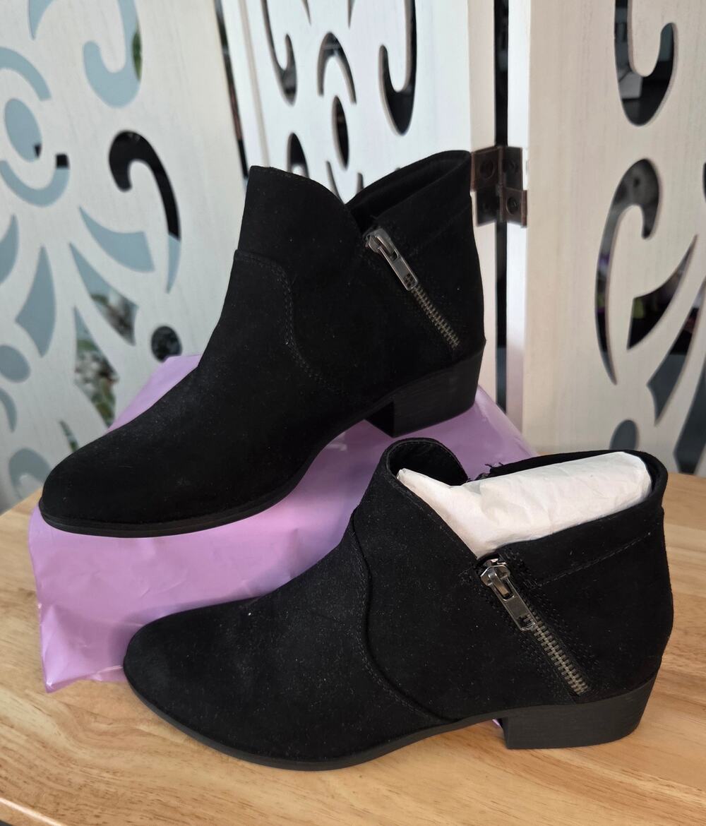 Sun + Stone Black Faux Suede Ankle Boots Women's Size 6.5 Side Zip NWOB